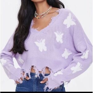 Just Polly Cropped Sweater Pink White Butterfly Frayed Y2K Cottagecore Fairy